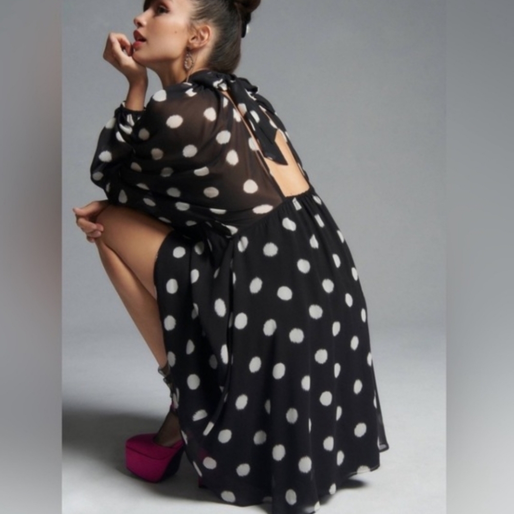 NWT Anthropologie × Maeve Polka Dot Long Sheer Sleeve Mini Dress Tie Back SM - Picture 3 of 16
